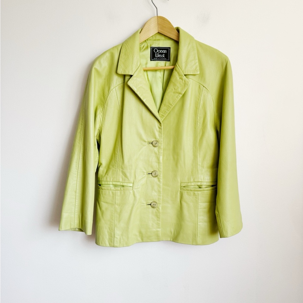 Pistachio Green Vintage Leather Single Breast Blazer Style Jacket